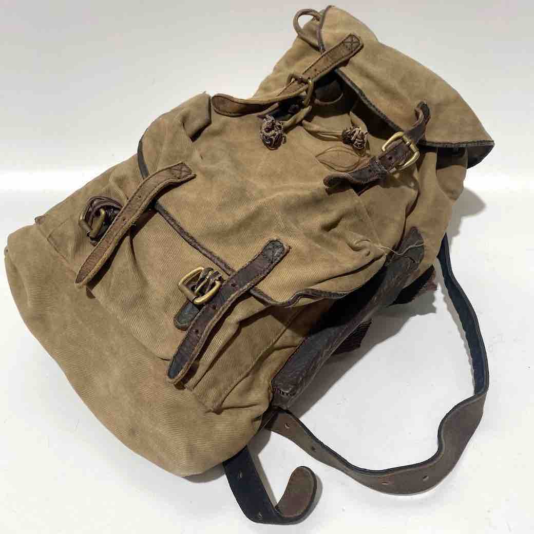 BACKPACK, Army Style - Beige Canvas w Brown Leather Straps